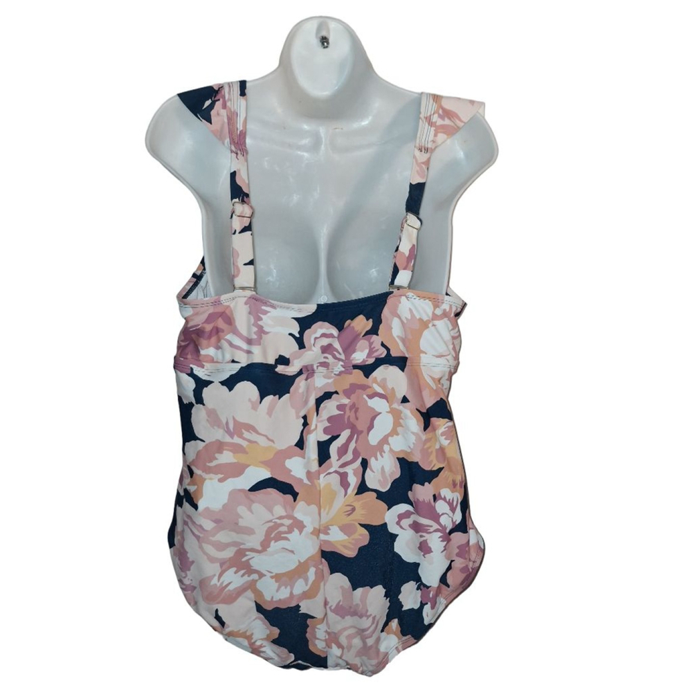 Kona Sol Navy Pink Floral Ruffle One Piece Swimsuit 16 Plus resortcore beach - Picture 4 of 7